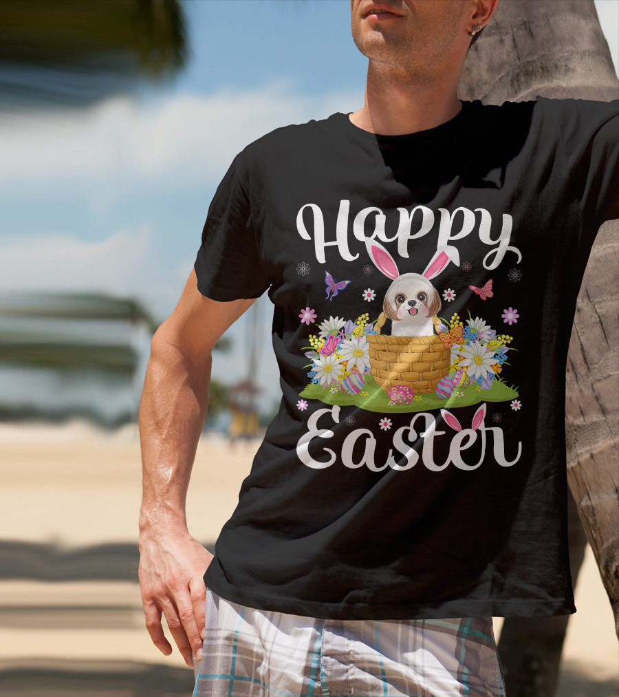 Shih Tzu Dog With Bunny Ears In Easter Egg Basket With Flowers And Butterflies T-Shirt