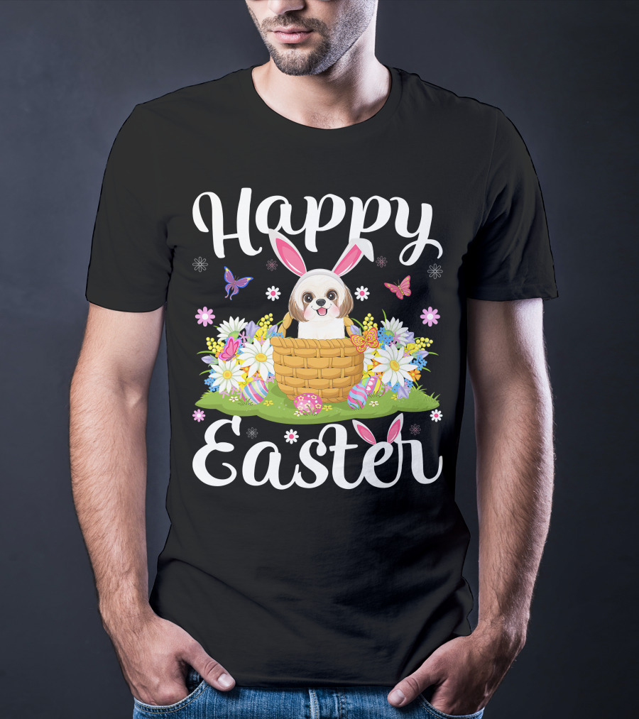 Shih Tzu Dog With Bunny Ears In Easter Egg Basket With Flowers And Butterflies T-Shirt