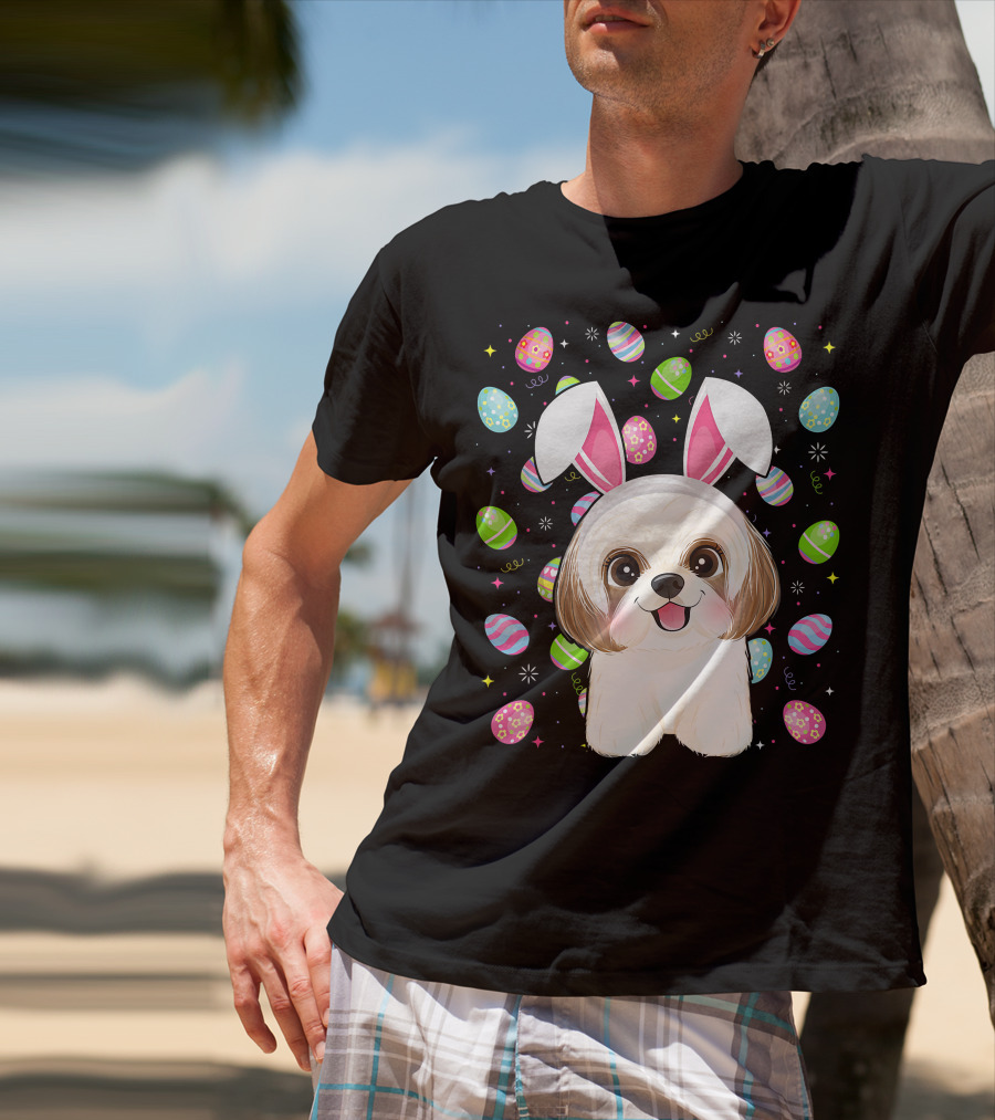 Shih Tzu Dog With Easter Eggs And Bunny Ears Funny Easter Lover Image T-Shirt
