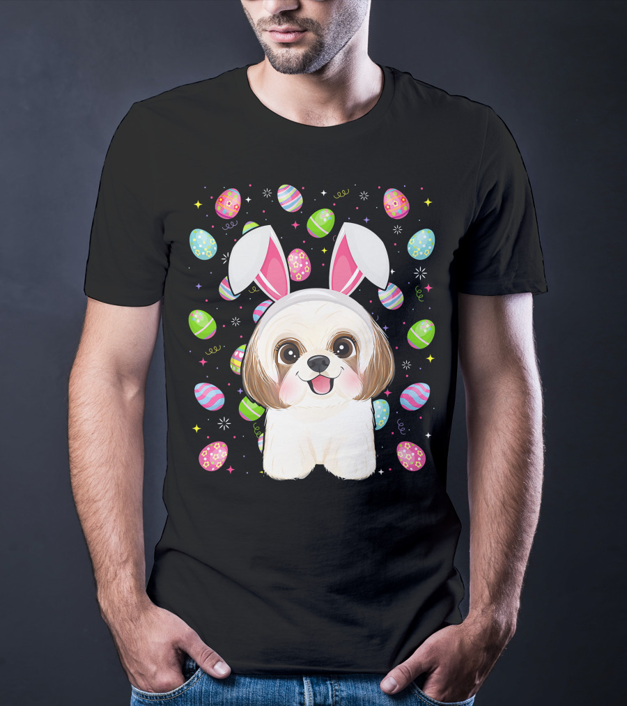 Shih Tzu Dog With Easter Eggs And Bunny Ears Funny Easter Lover Image T-Shirt