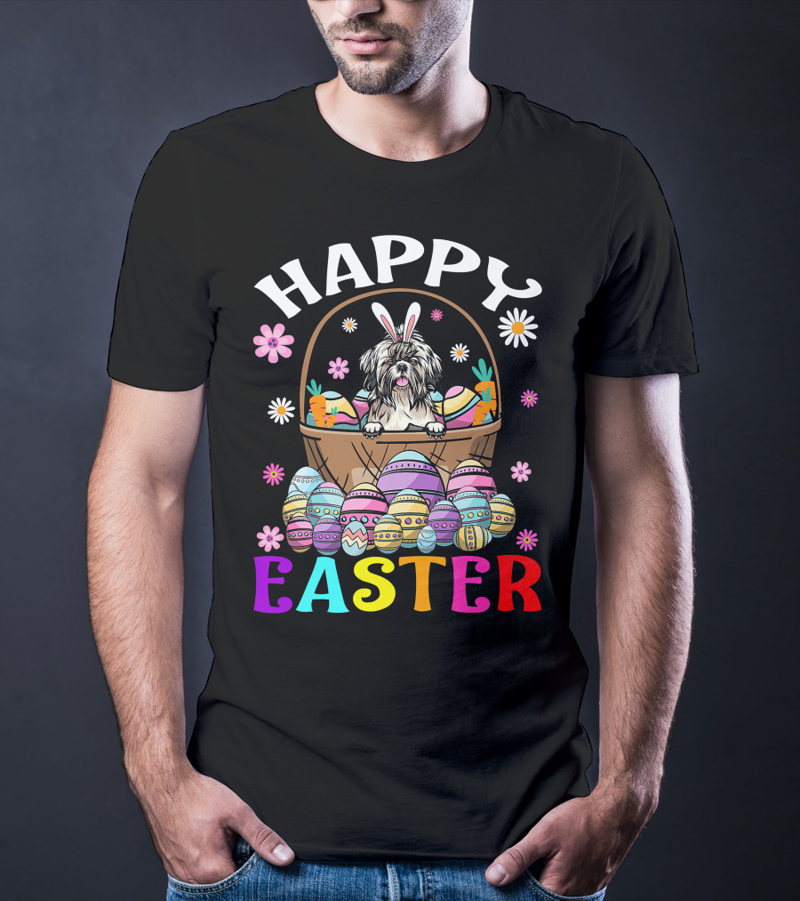 Shih Tzu Easter Bunny Dog With Colorful Eggs And Basket T-Shirt