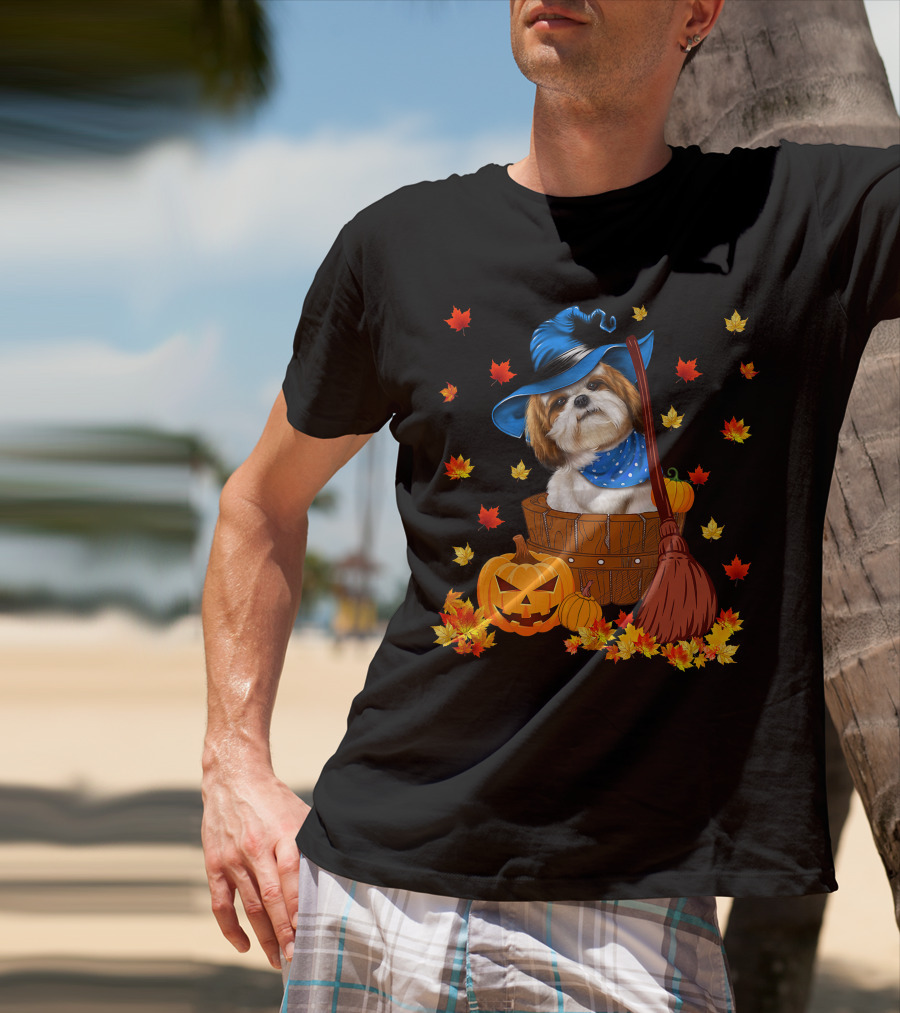 Shih Tzu Dog In Witch Hat Surrounded By Pumpkins And Leaves For Halloween T-Shirt