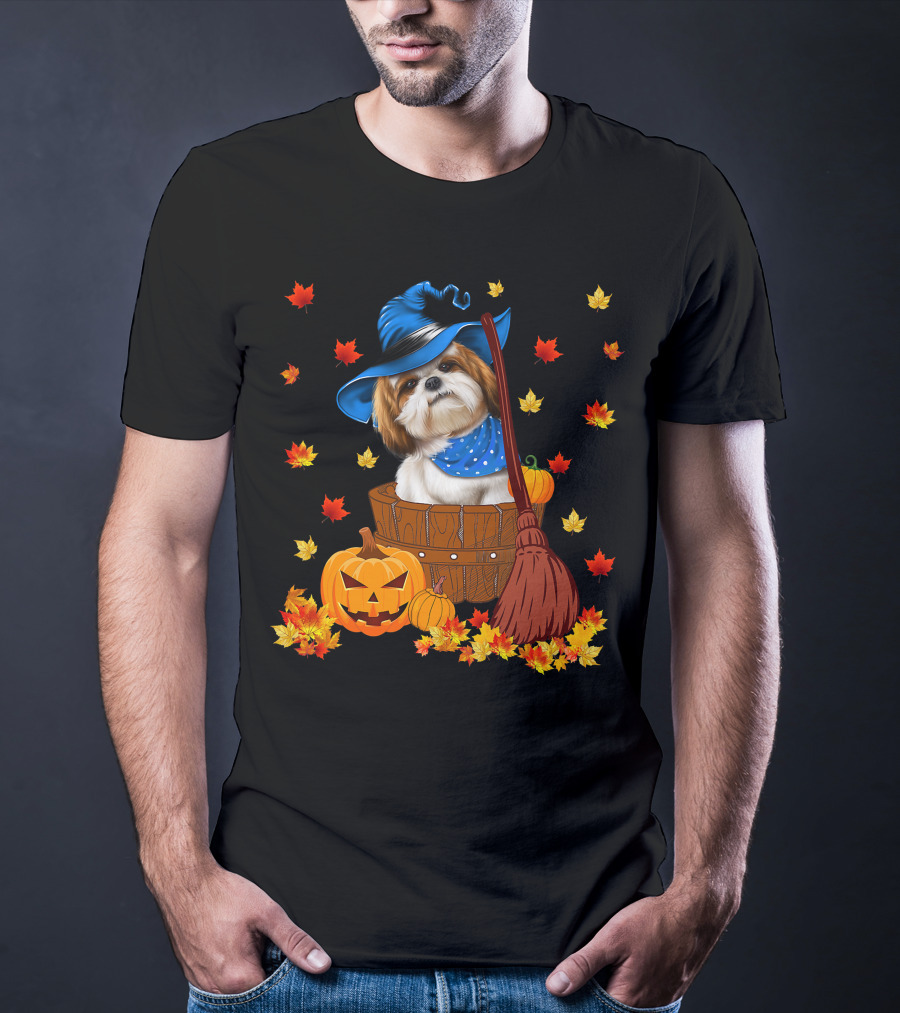 Shih Tzu Dog In Witch Hat Surrounded By Pumpkins And Leaves For Halloween T-Shirt