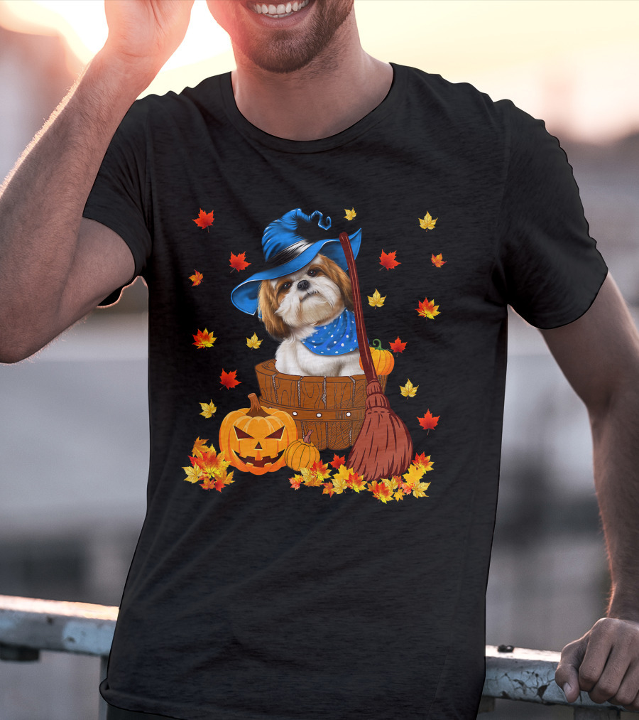 Shih Tzu Dog In Witch Hat Surrounded By Pumpkins And Leaves For Halloween T-Shirt