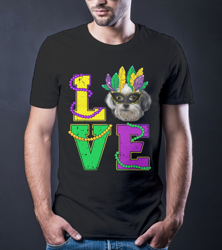Shih Tzu Puppy Love Mardi Gras Beads Mask T-Shirt