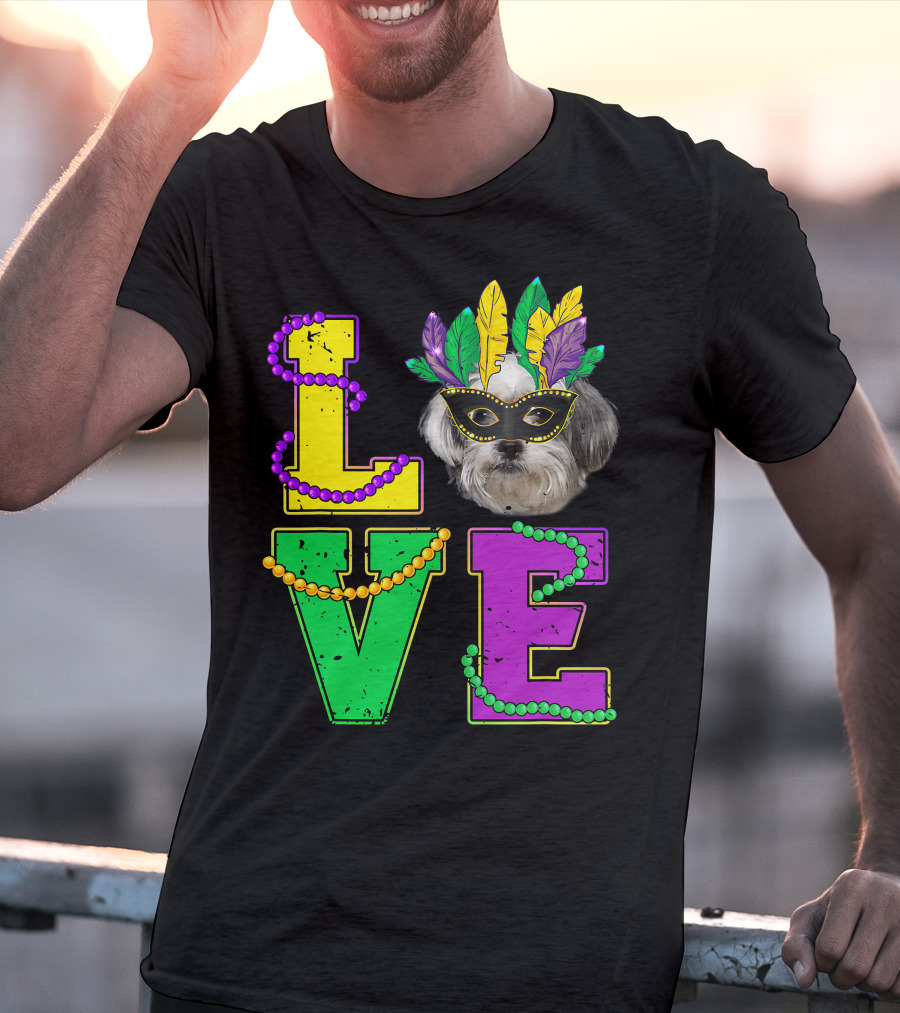 Shih Tzu Puppy Love Mardi Gras Beads Mask T-Shirt