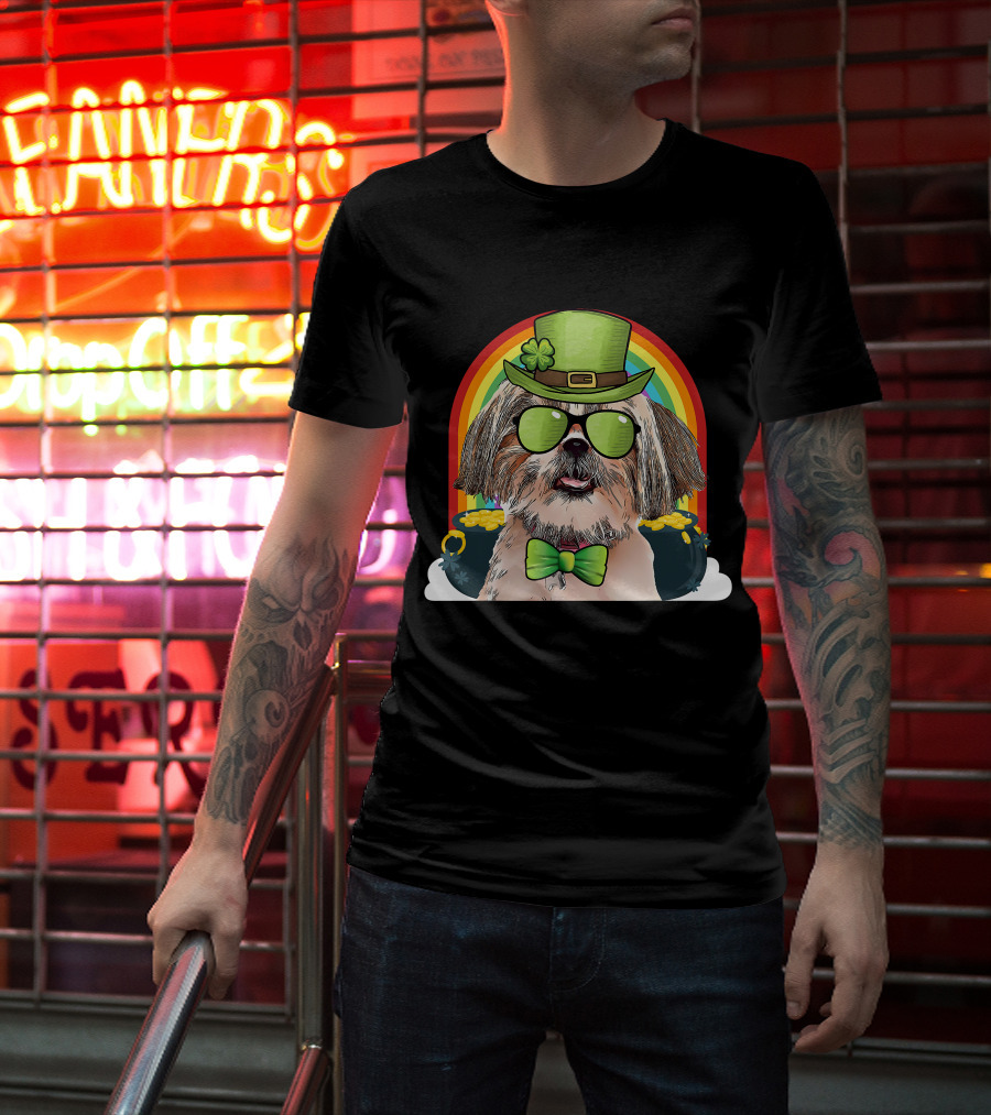 Shih Tzu Dog Leprechaun Rainbow Coins Bow Tie Sunglasses T-Shirt