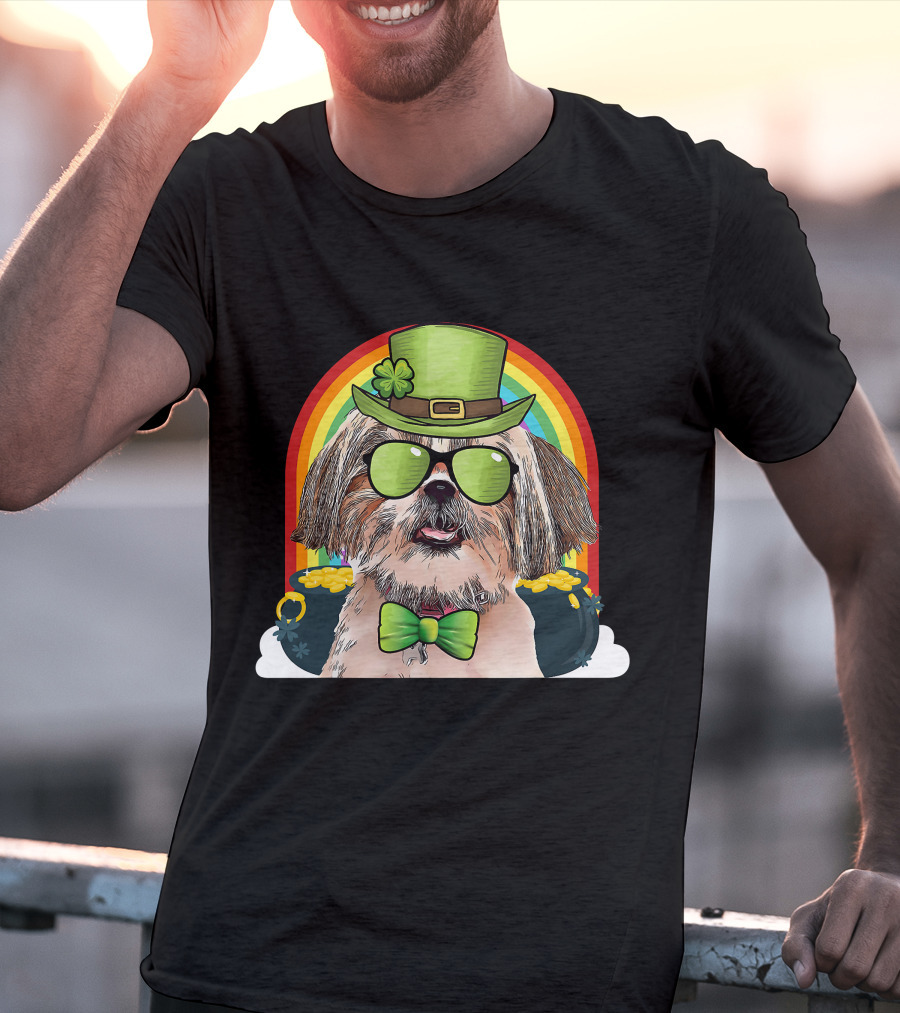 Shih Tzu Dog Leprechaun Rainbow Coins Bow Tie Sunglasses T-Shirt