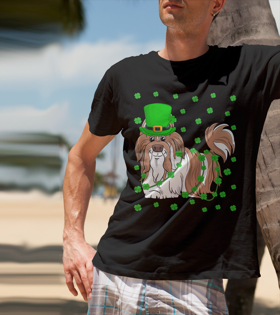 Shih Tzu Dog Lover St. Patrick's Day Leprechaun Hat And Clover T-Shirt