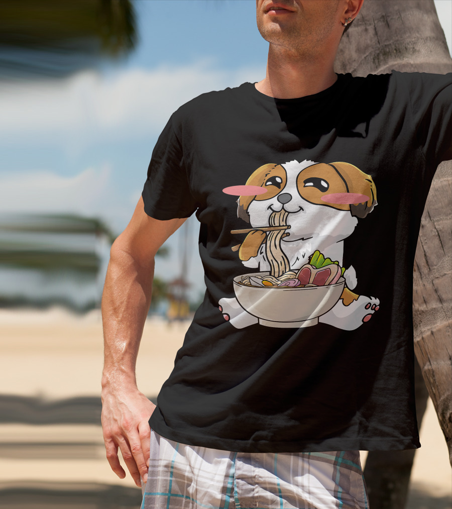 Shih Tzu Dog Enjoying Ramen Noodles With Kawaii Cute Blush Cheeks T-Shirt