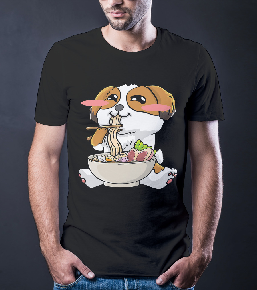 Shih Tzu Dog Enjoying Ramen Noodles With Kawaii Cute Blush Cheeks T-Shirt