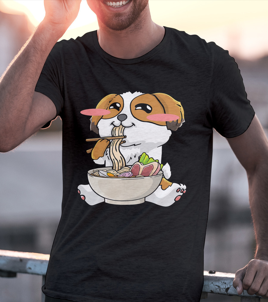 Shih Tzu Dog Enjoying Ramen Noodles With Kawaii Cute Blush Cheeks T-Shirt