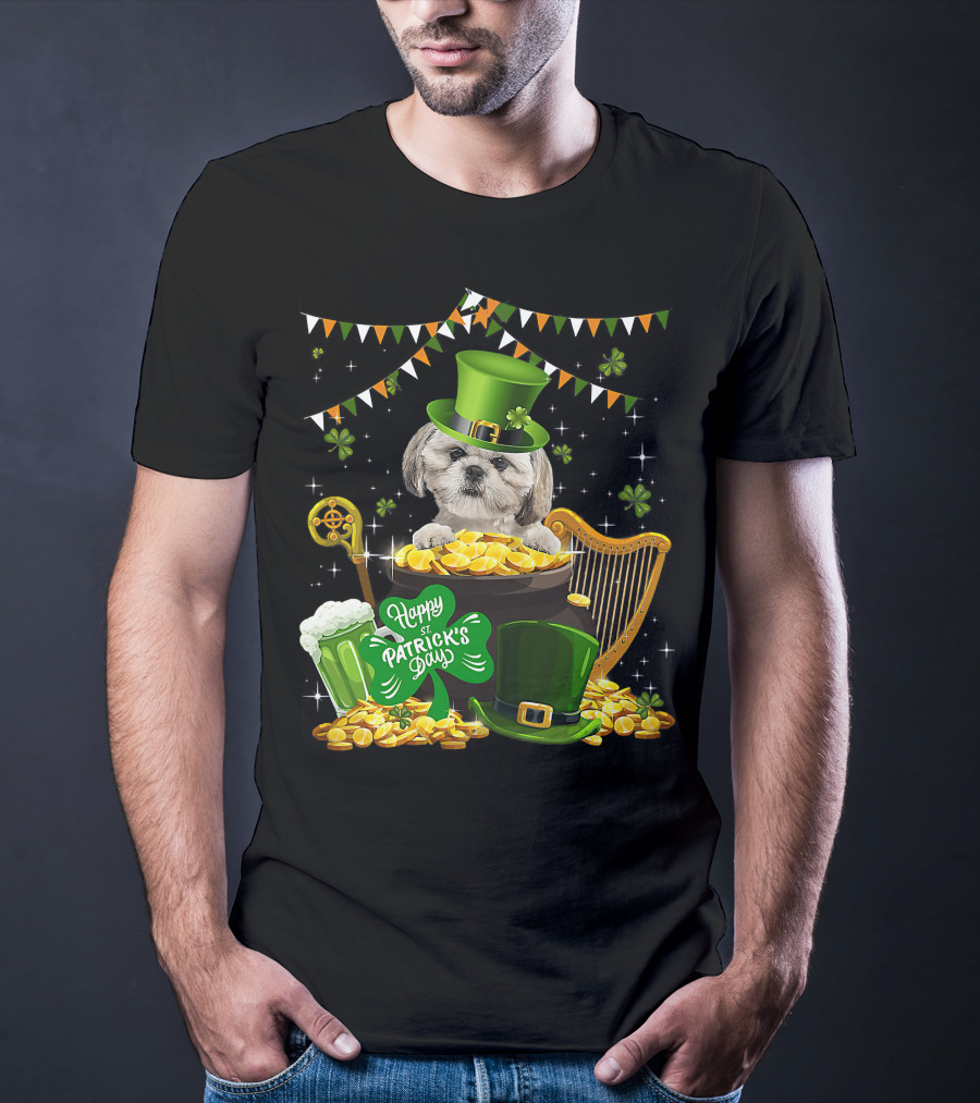 Happy St Patrick's Day Shih Tzu Dogs Lover Funny Irish Shamrock Hat T-Shirt