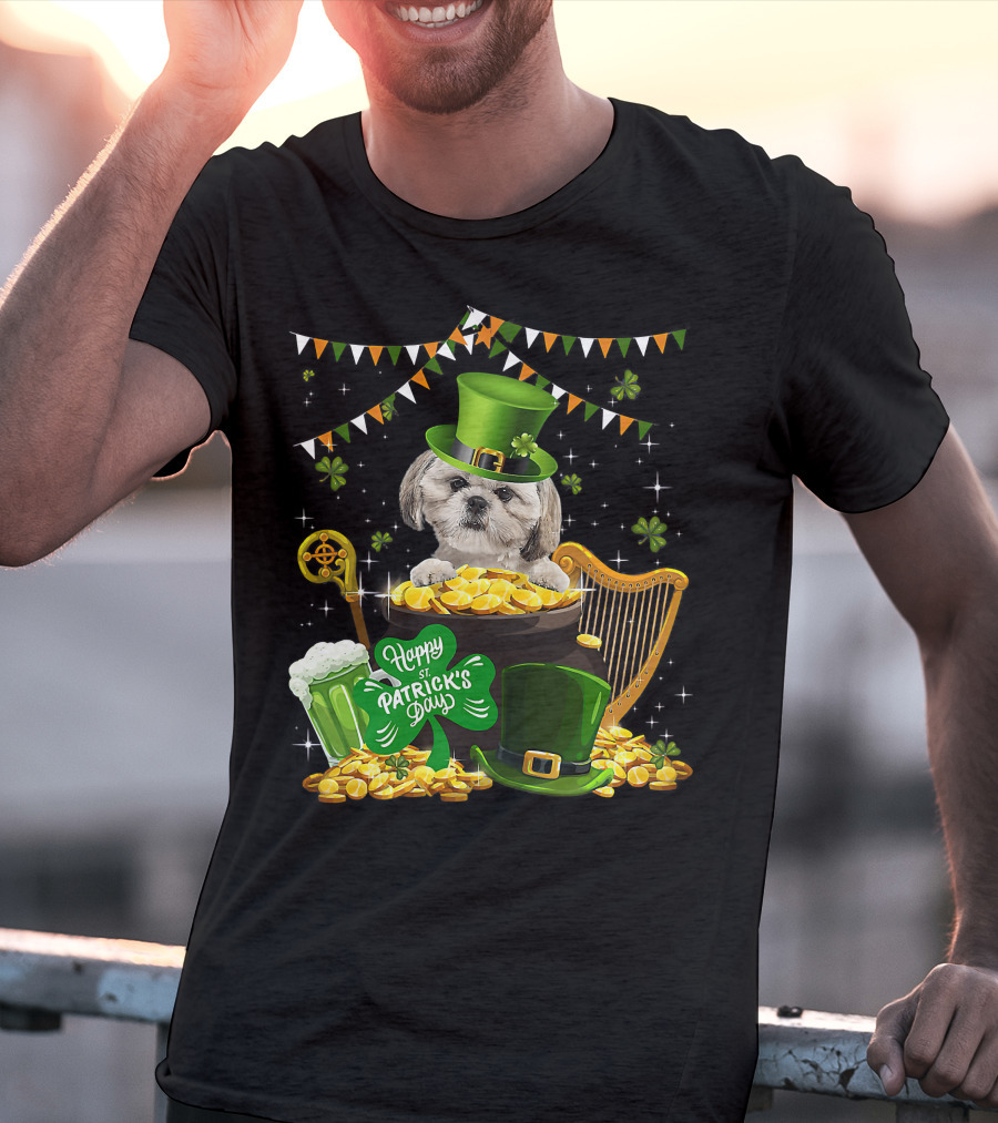 Happy St Patrick's Day Shih Tzu Dogs Lover Funny Irish Shamrock Hat T-Shirt