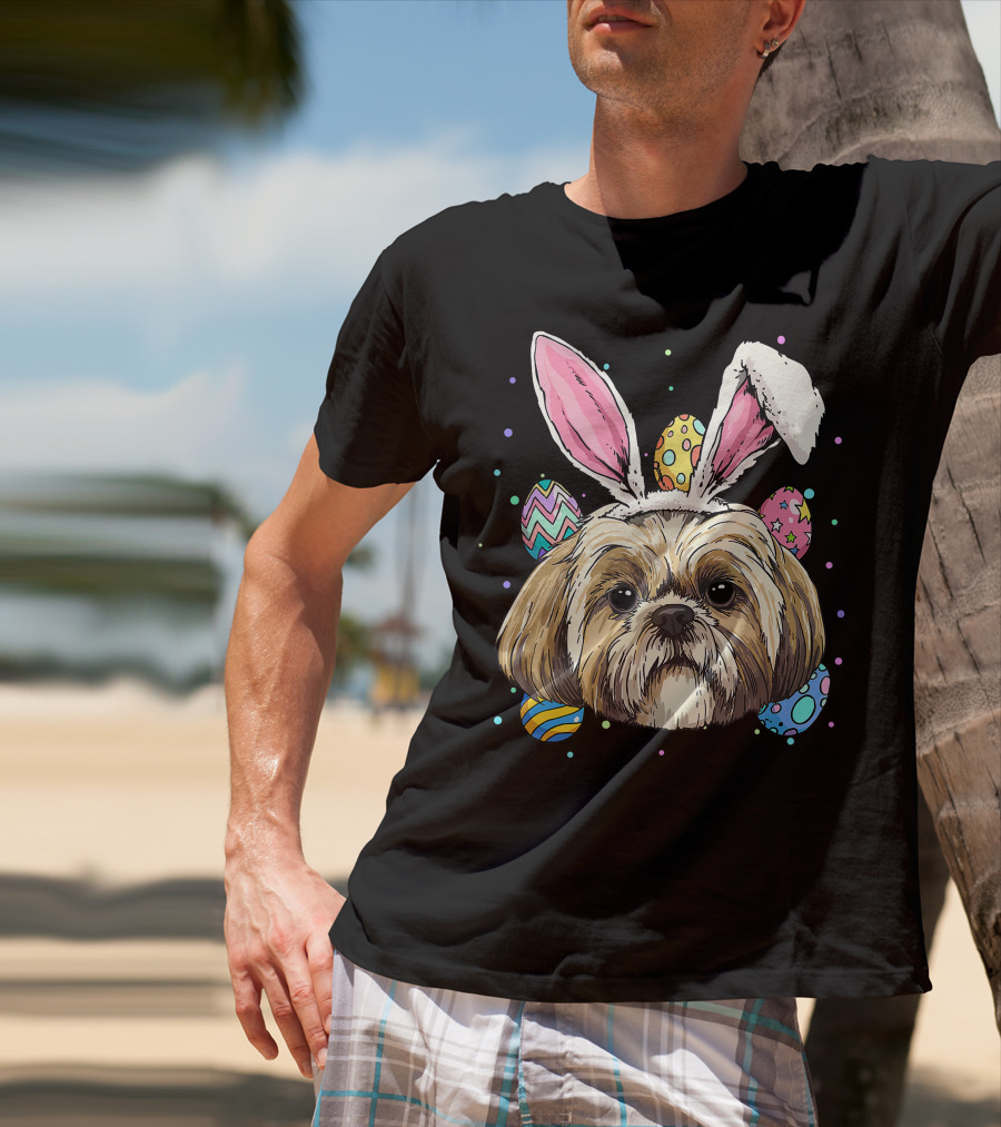 Shih Tzu Easter Bunny Dog Pet Owner Breeder Animal With Colorful Eggs T-Shirt