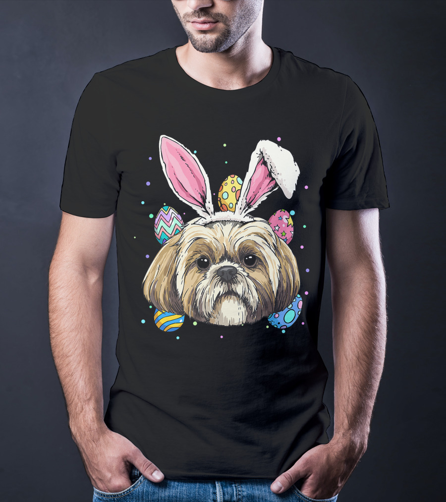 Shih Tzu Easter Bunny Dog Pet Owner Breeder Animal With Colorful Eggs T-Shirt