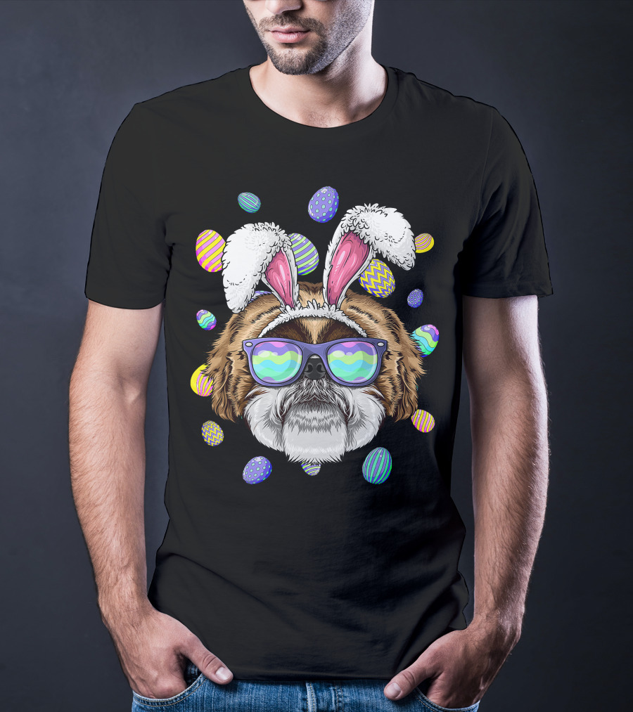 Shih Tzu With Bunny Ears And Sunglasses Surrounded By Colorful Easter Eggs T-Shirt