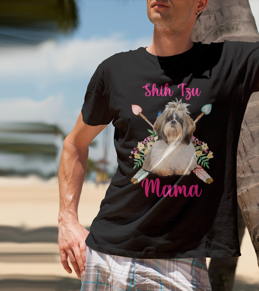 Shih Tzu Mama Cute Mama Dog Lover With Floral And Arrow Accents T-Shirt