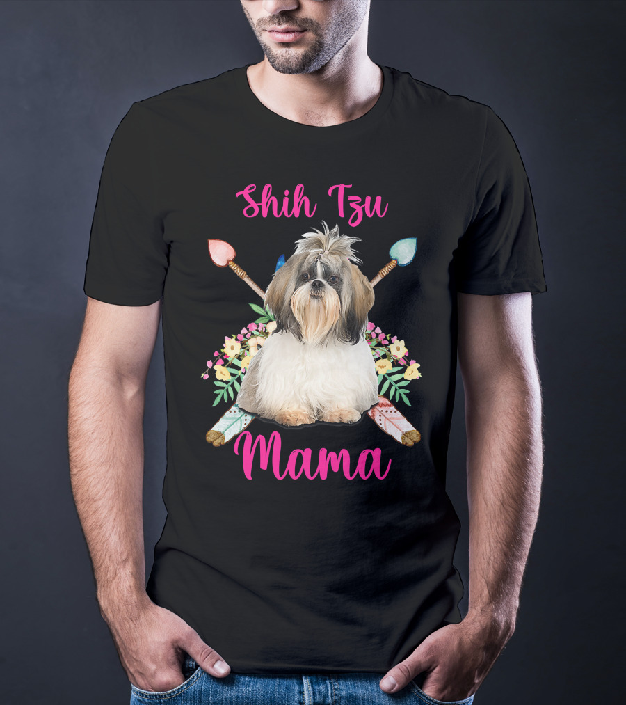 Shih Tzu Mama Cute Mama Dog Lover With Floral And Arrow Accents T-Shirt
