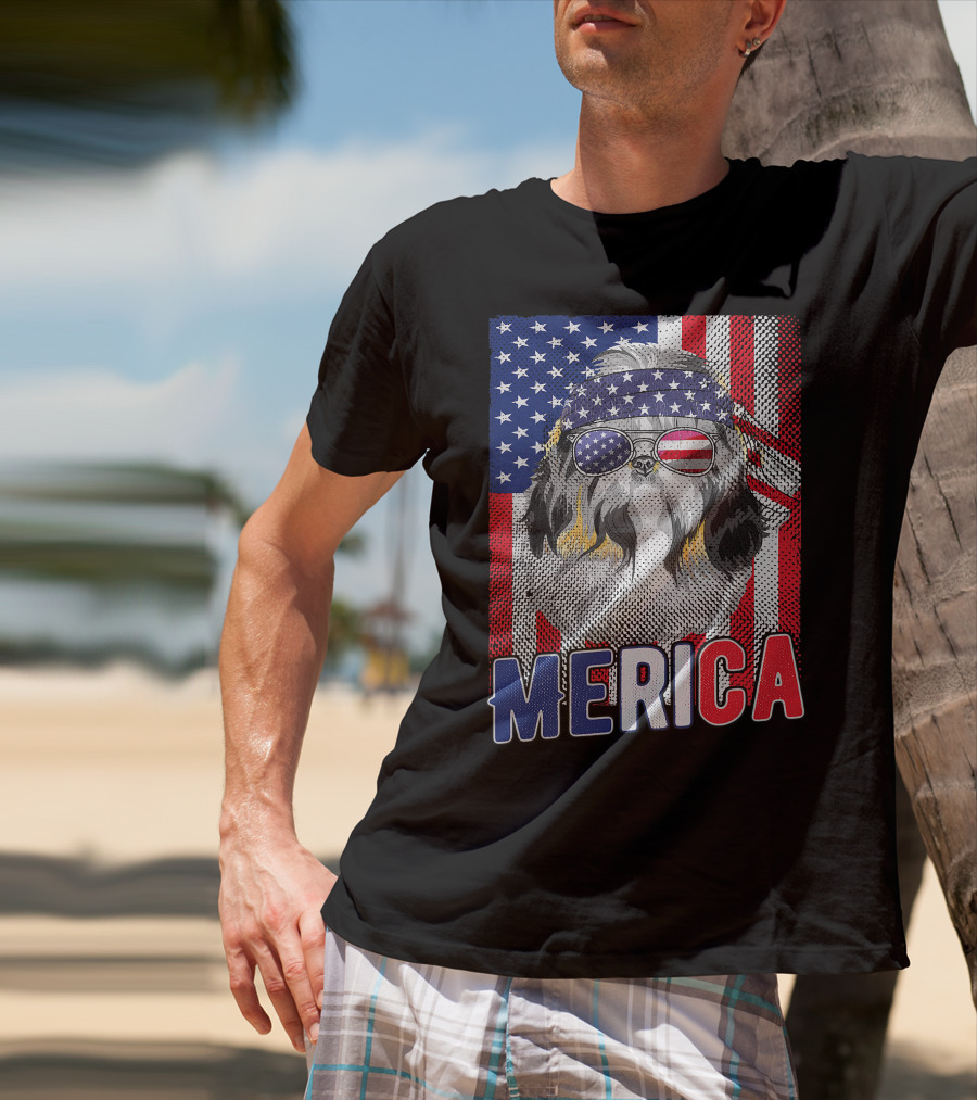 Shih Tzu Merica USA American Flag Patriotic Boys 4 Glasses Headband Stars Stripes T-Shirt