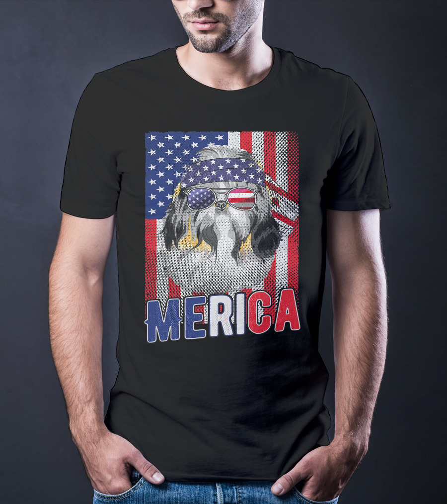 Shih Tzu Merica USA American Flag Patriotic Boys 4 Glasses Headband Stars Stripes T-Shirt