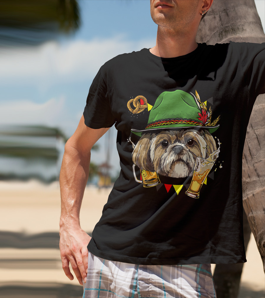 Shih Tzu Oktoberfest Dog With Lederhosen Hat And Beer German Pretzel T-Shirt
