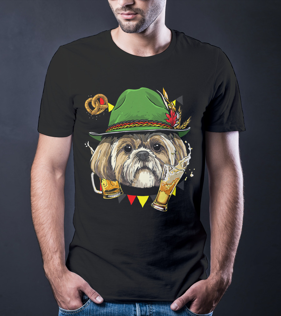 Shih Tzu Oktoberfest Dog With Lederhosen Hat And Beer German Pretzel T-Shirt
