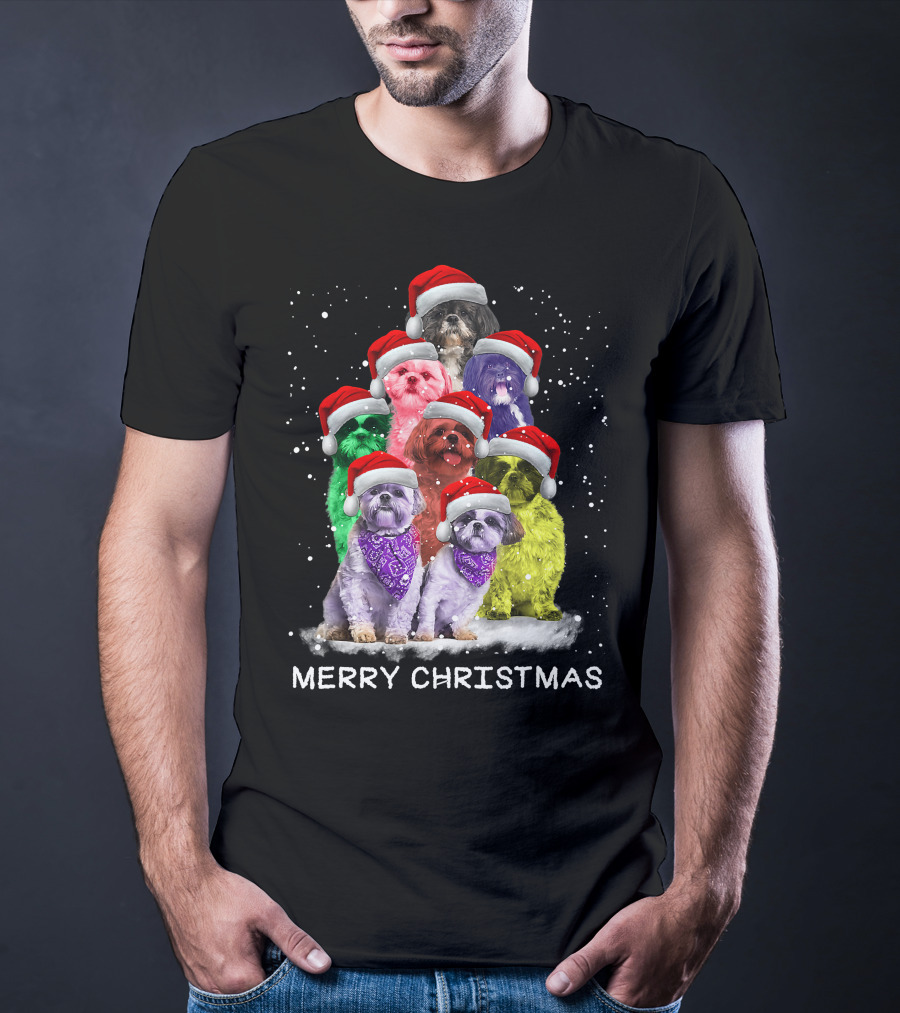 Merry Christmas Shih Tzu Ornament Decoration Santa Hat Xmas Tree Dog T-Shirt