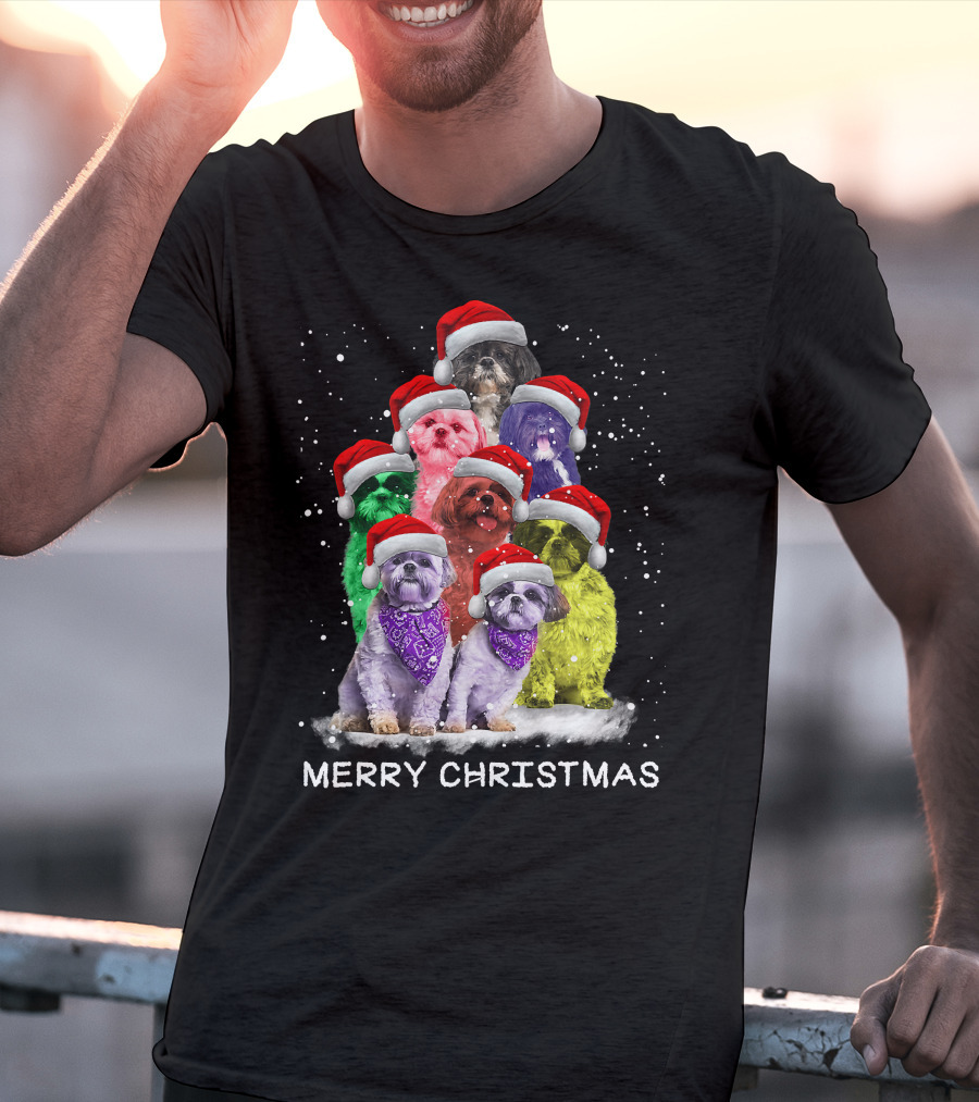 Merry Christmas Shih Tzu Ornament Decoration Santa Hat Xmas Tree Dog T-Shirt