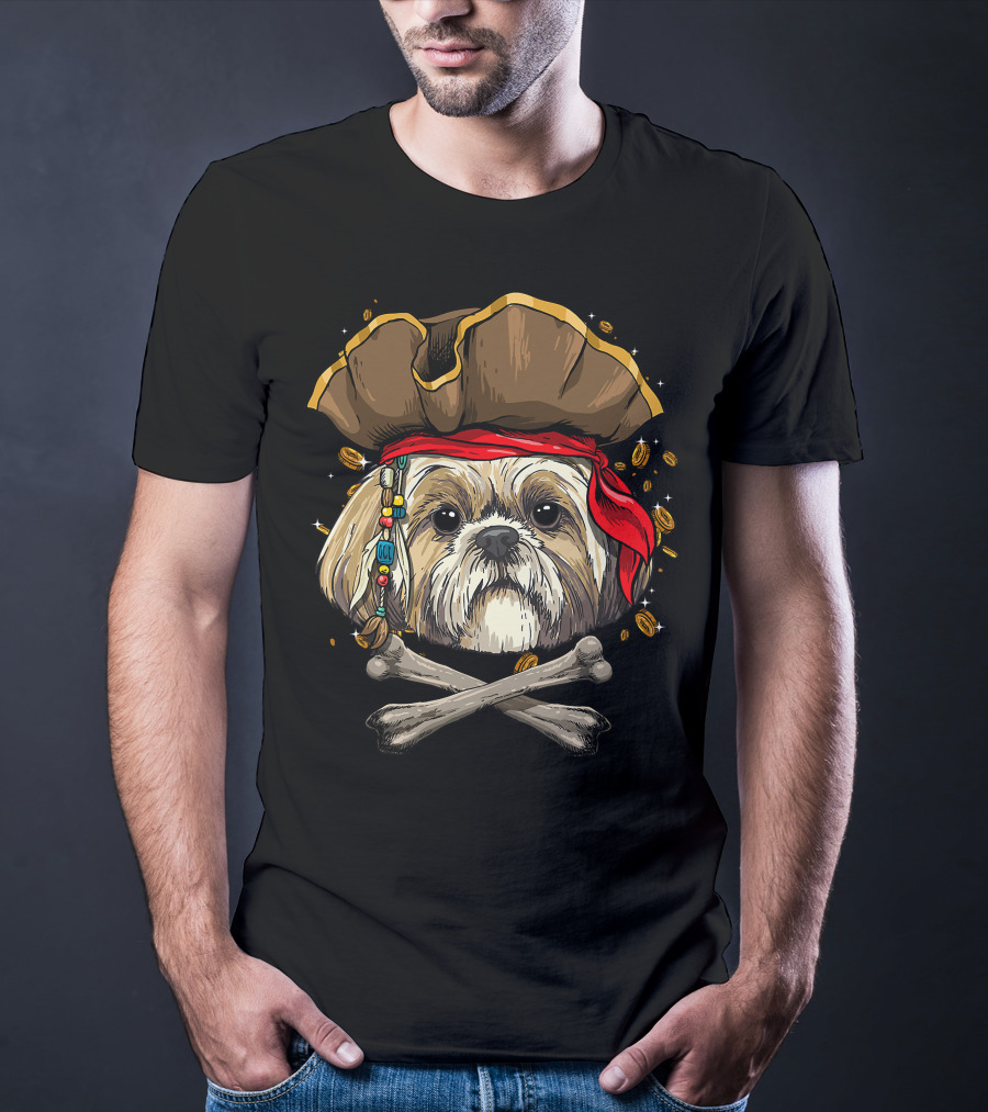 Shih Tzu Pirate Dog Jolly Roger Halloween With Skull And Crossbones T-Shirt