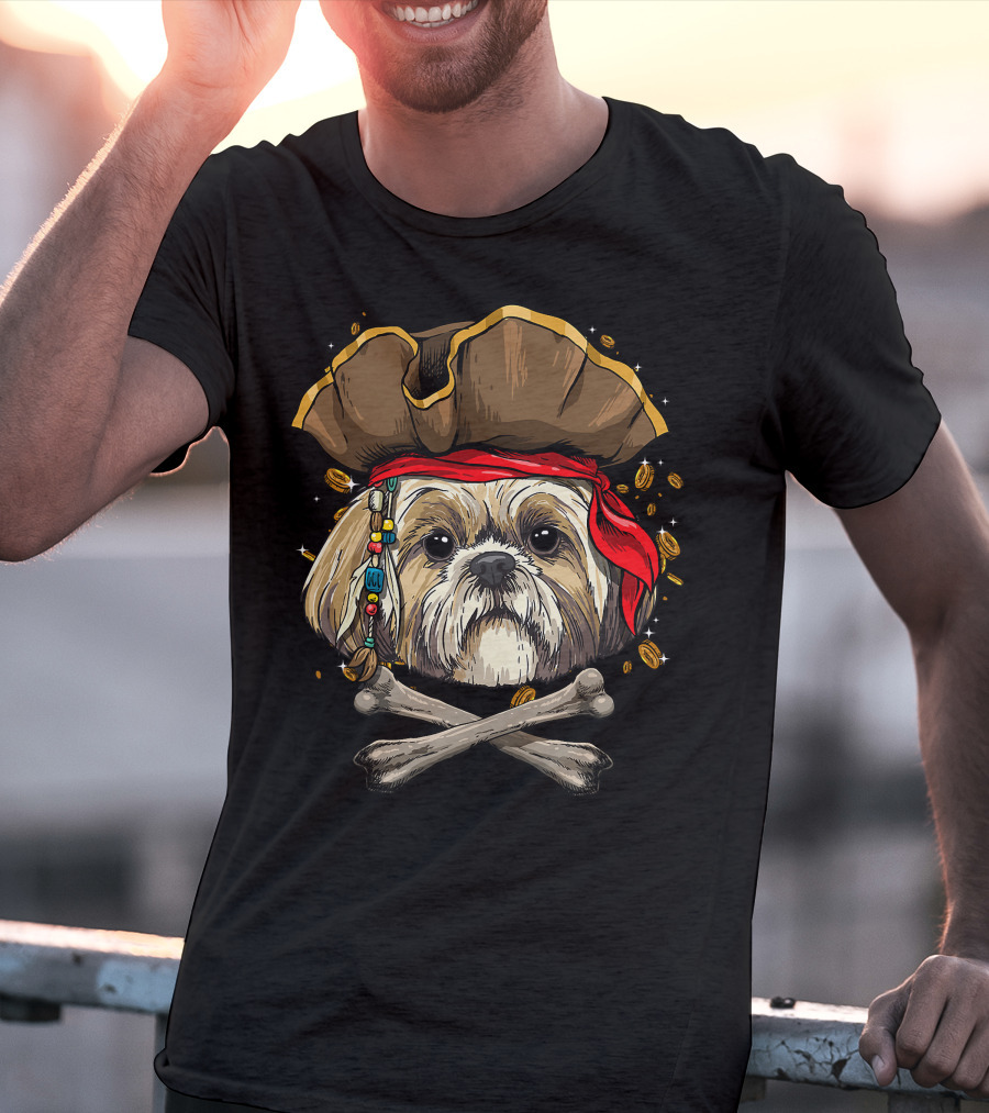 Shih Tzu Pirate Dog Jolly Roger Halloween With Skull And Crossbones T-Shirt