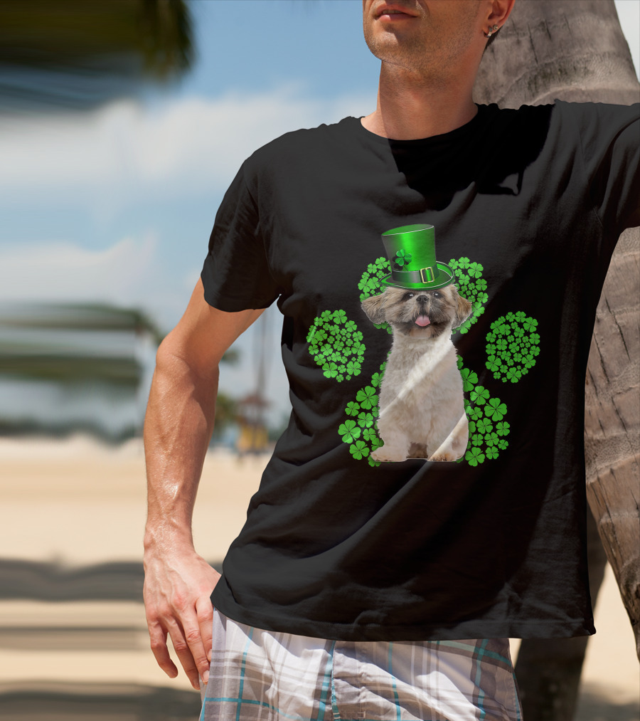 Shih Tzu With Shamrock Paw Prints And Green Hat For St Patrick's Day T-Shirt