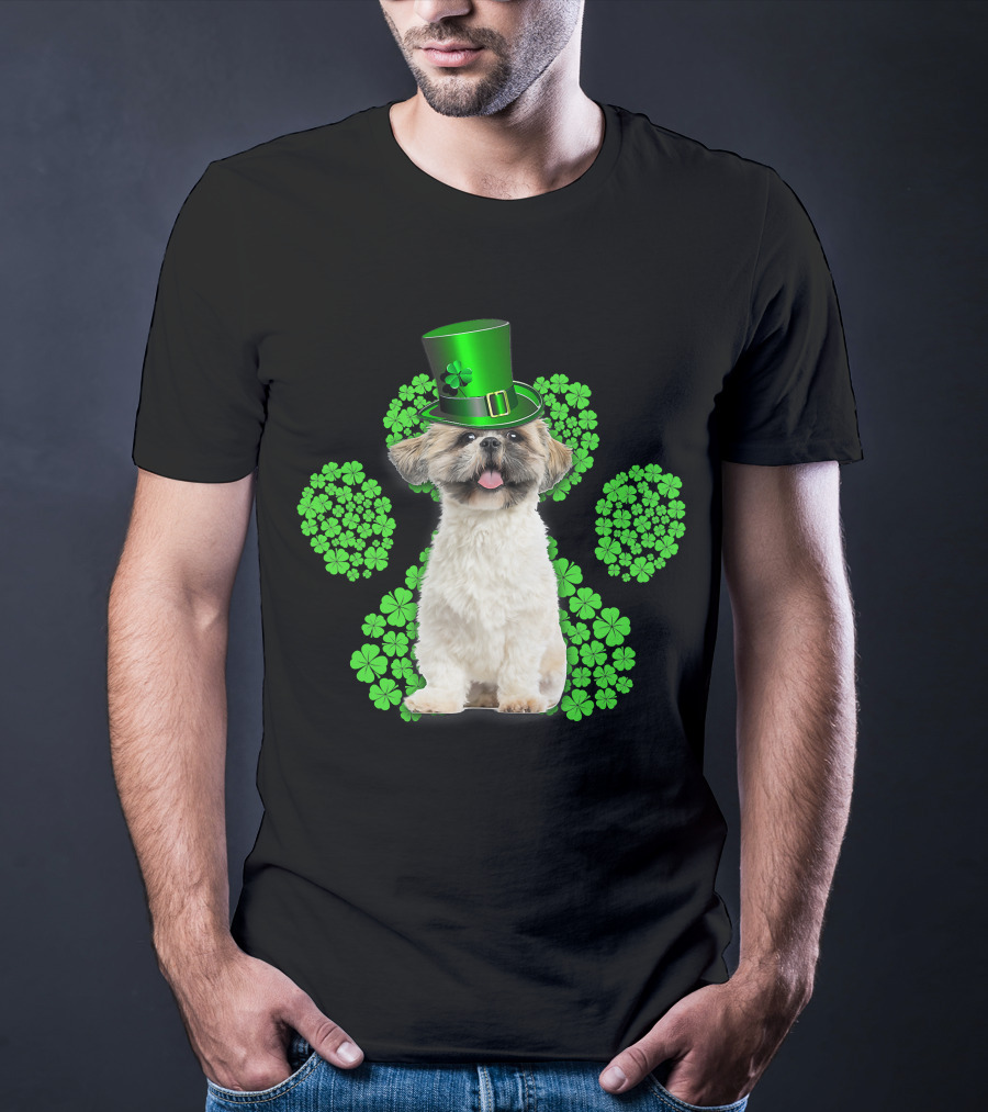 Shih Tzu With Shamrock Paw Prints And Green Hat For St Patrick's Day T-Shirt