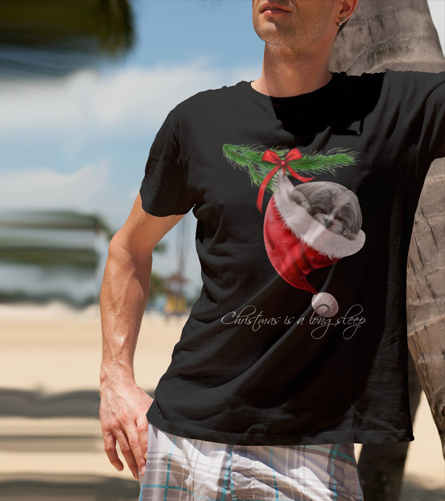 Shih Tzu Sleeping In Santa's Hat Christmas Is A Snuggly Dream T-Shirt