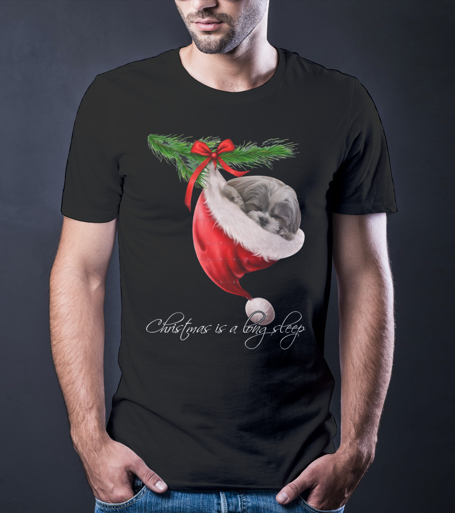 Shih Tzu Sleeping In Santa's Hat Christmas Is A Snuggly Dream T-Shirt