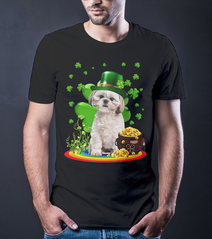 Shih Tzu Irish Shamrock St Patricks Day Lover With Pot Of Gold T-Shirt