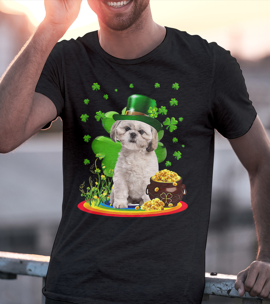 Shih Tzu Irish Shamrock St Patricks Day Lover With Pot Of Gold T-Shirt