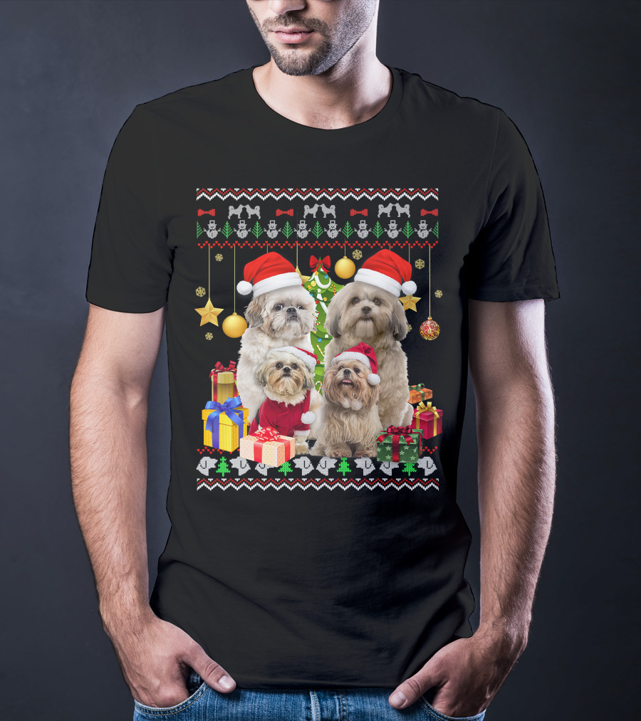 Shih Tzu Santa Hat Christmas Sweater Puppies And Presents T-Shirt