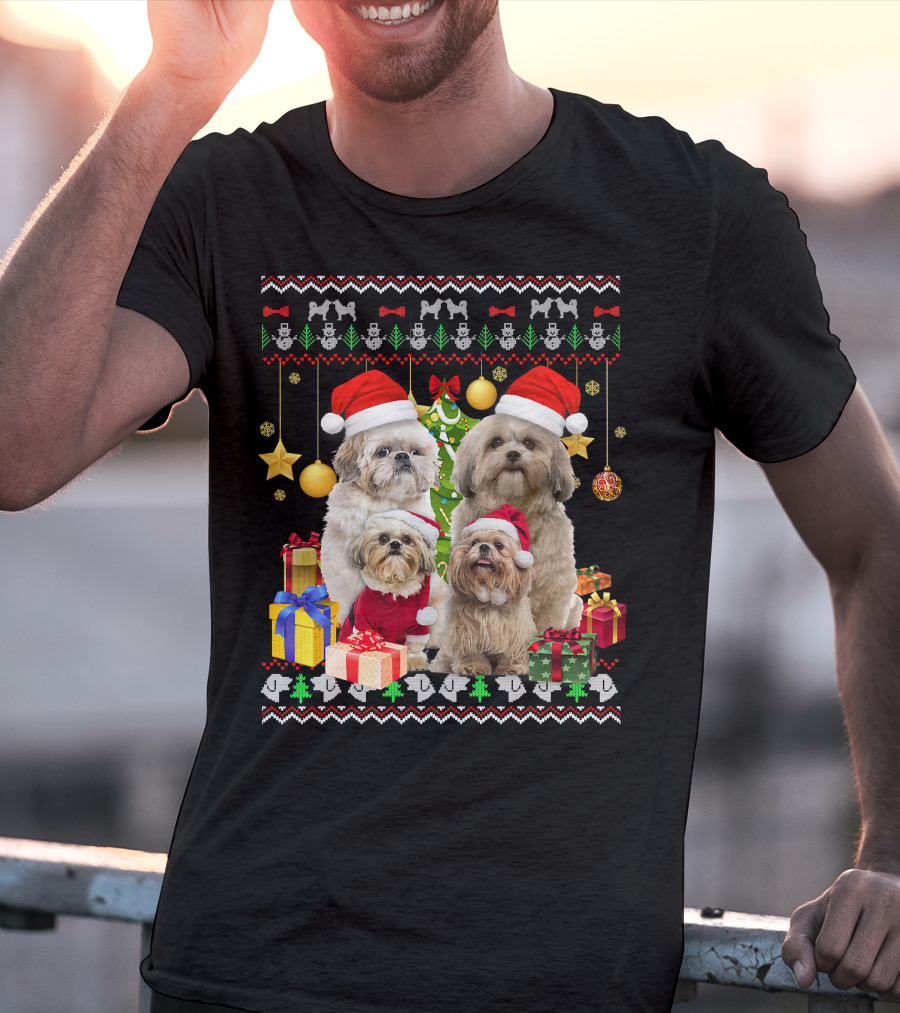 Shih Tzu Santa Hat Christmas Sweater Puppies And Presents T-Shirt
