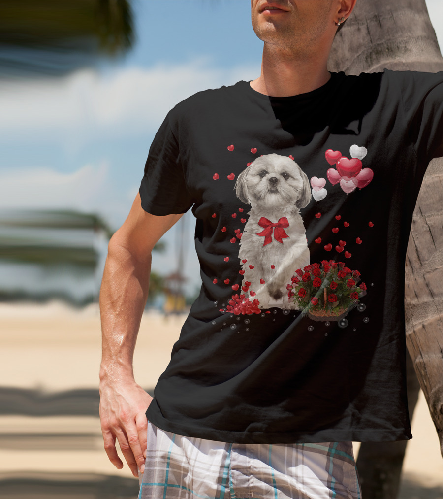 Shih Tzu Valentines Day Funny Dog Lover Happy Vale Roses Hearts Balloons T-Shirt