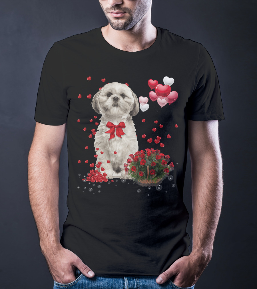 Shih Tzu Valentines Day Funny Dog Lover Happy Vale Roses Hearts Balloons T-Shirt