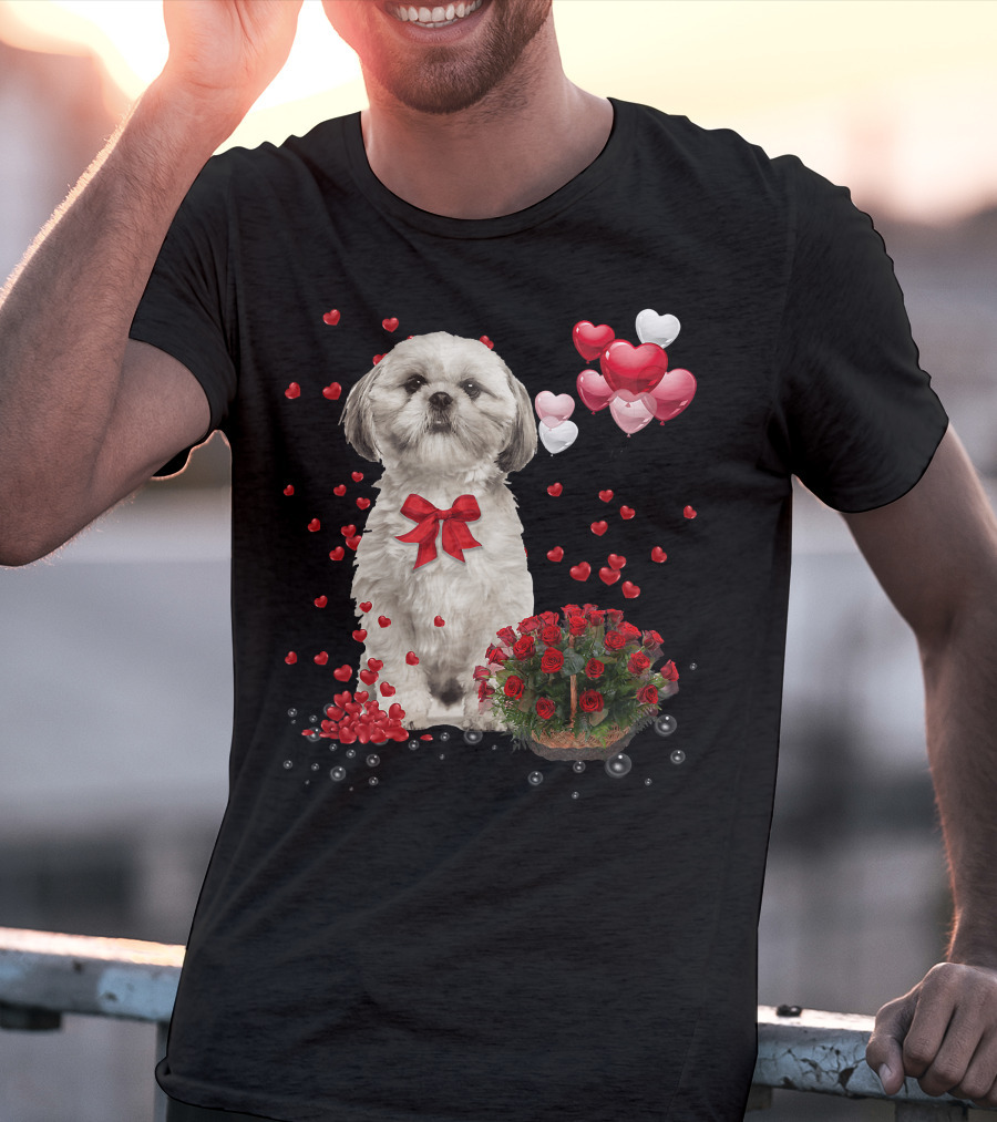 Shih Tzu Valentines Day Funny Dog Lover Happy Vale Roses Hearts Balloons T-Shirt