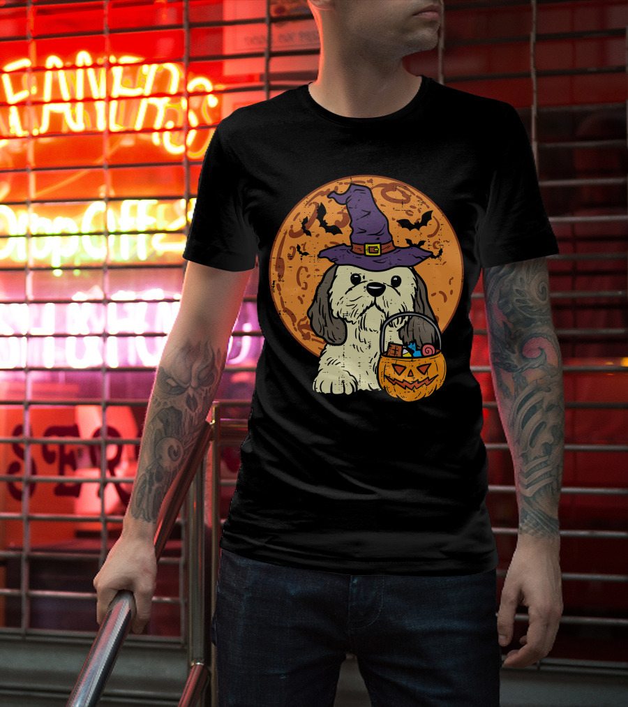 Shih Tzu Witch Hat Moon Jack O Lantern Halloween Dog T-Shirt
