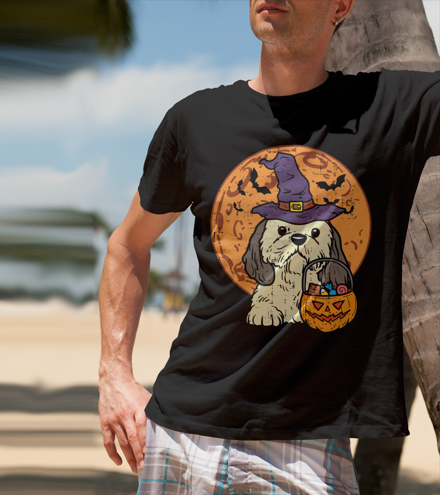 Shih Tzu Witch Hat Moon Jack O Lantern Halloween Dog T-Shirt