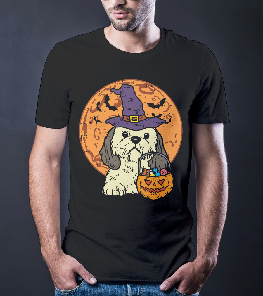 Shih Tzu Witch Hat Moon Jack O Lantern Halloween Dog T-Shirt