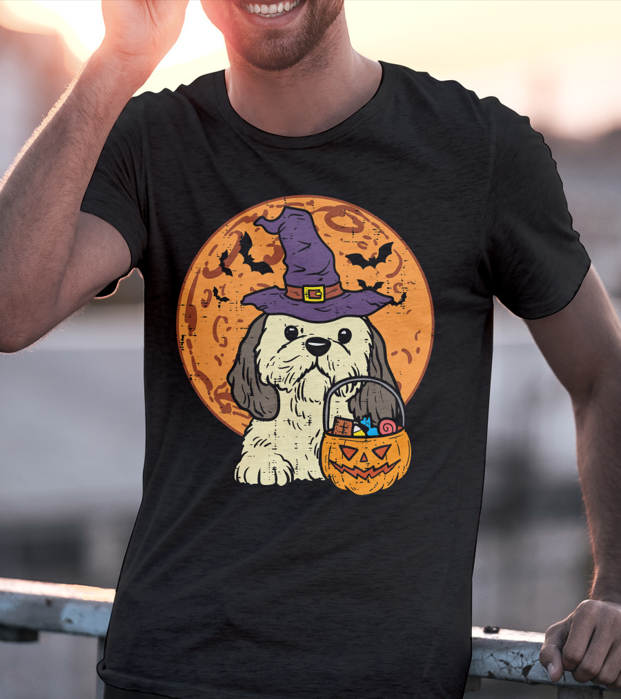 Shih Tzu Witch Hat Moon Jack O Lantern Halloween Dog T-Shirt