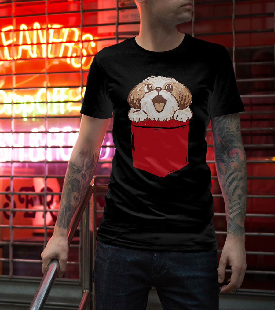 Shih-Tzu Puppy Dog Peeking Out Of Red Pocket T-Shirt