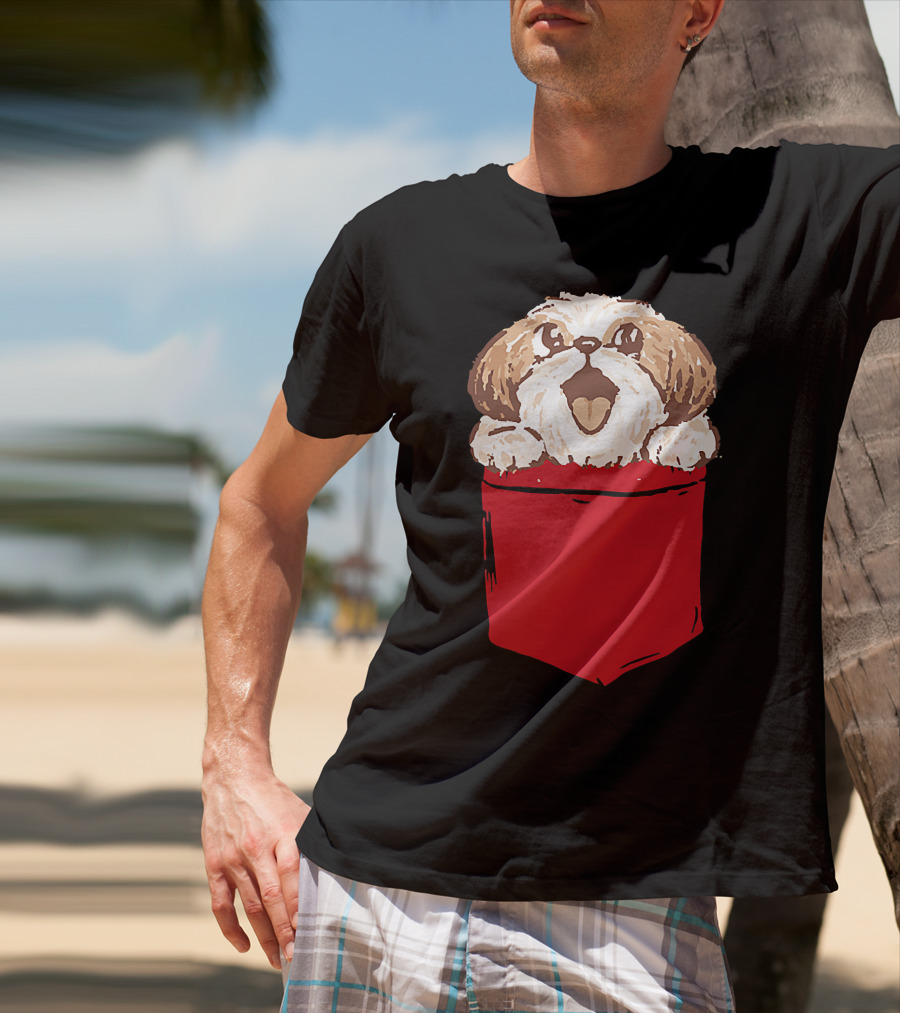 Shih-Tzu Puppy Dog Peeking Out Of Red Pocket T-Shirt