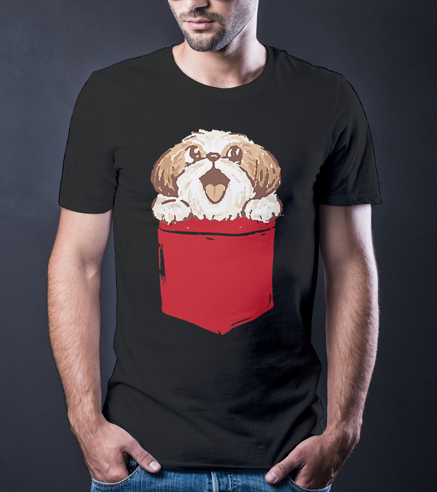 Shih-Tzu Puppy Dog Peeking Out Of Red Pocket T-Shirt