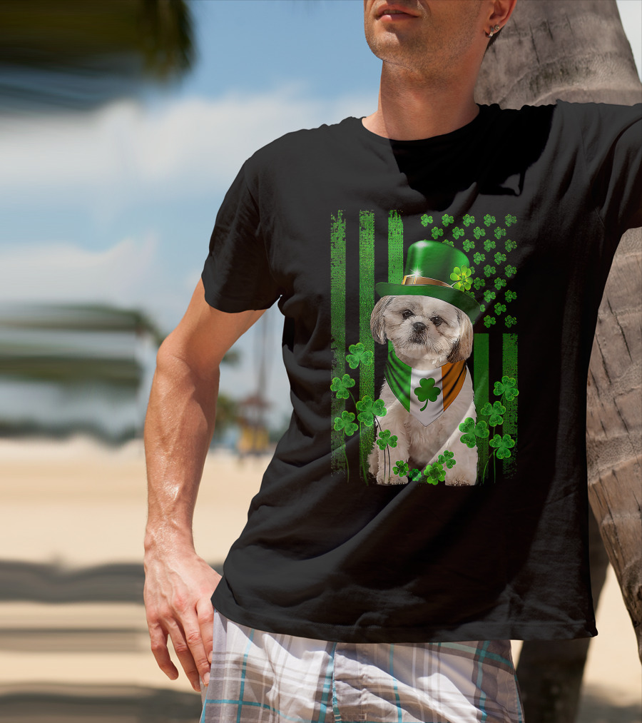 St Patrick's Day Shamrock Hat Shih Tzu With Irish Flag Scarf T-Shirt